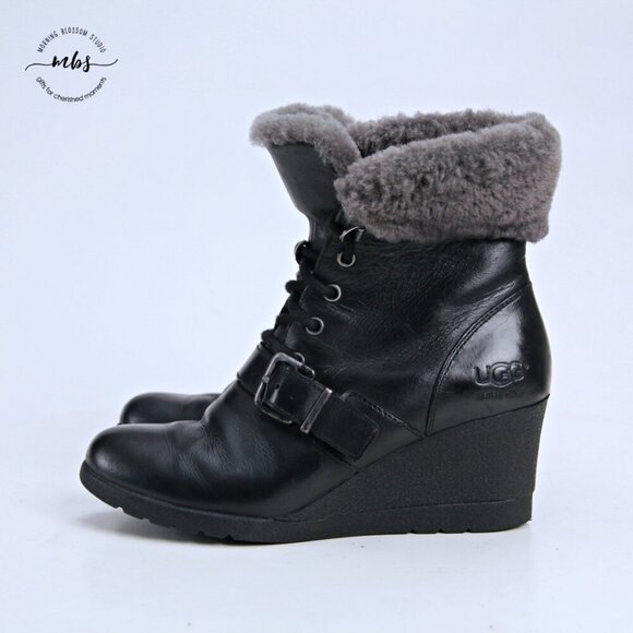 UGG Janney Waterproof Fur Wedge Boots Black Women 5 - Picture 4 of 13